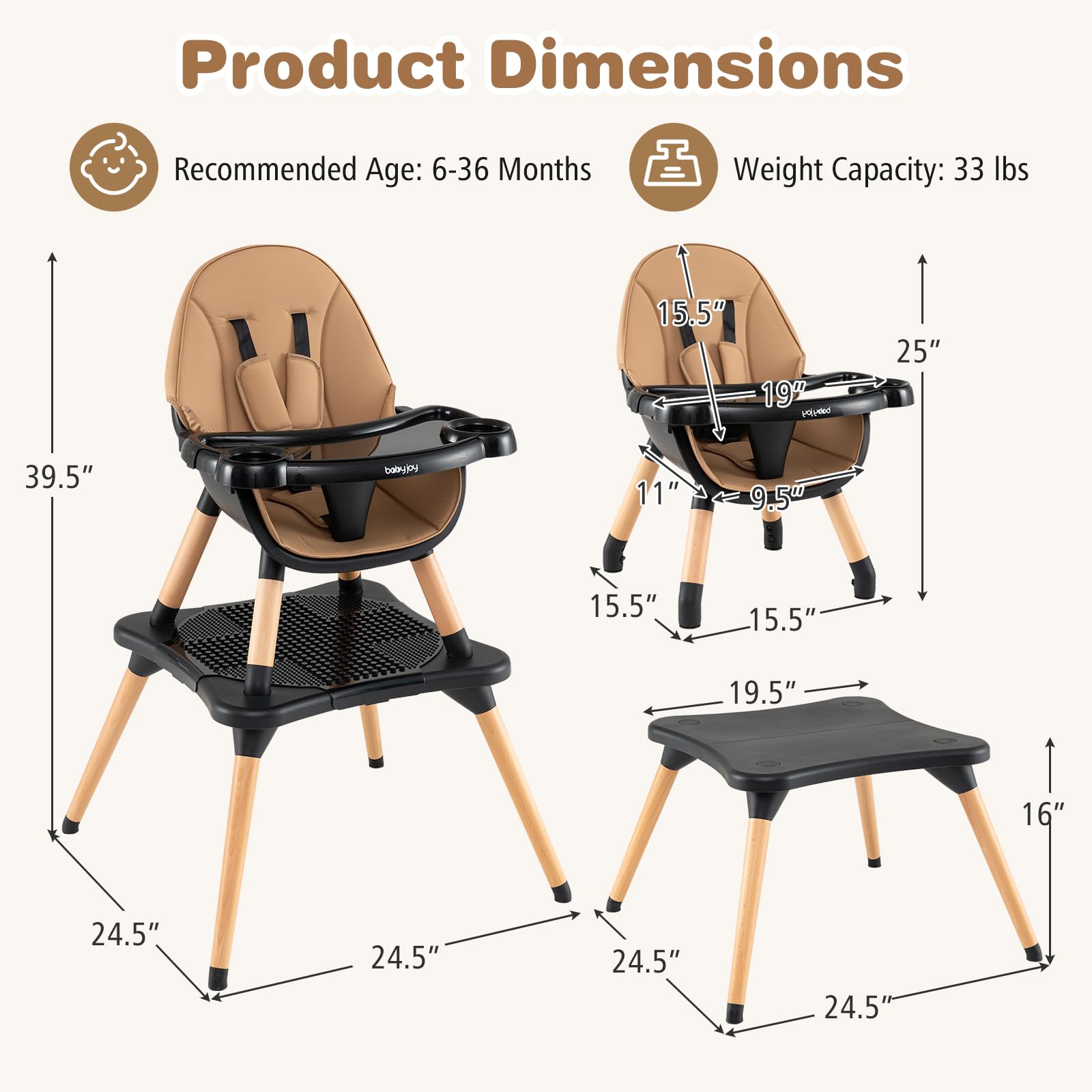 BABY JOY 6 in 1 High Chair, Convertible High Chairs for Babies and Toddlers/Booster Seat/Table and Chair Set, Infant Wooden Highchair w/ 5-Point Harness, 4-Position Removable Tray & PU Cushion, Coffee
