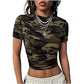 Verdusa Women's Y2K Camo Shirt Summer Graphic Tees Ruched Slim Fit Going Out Crop Tops