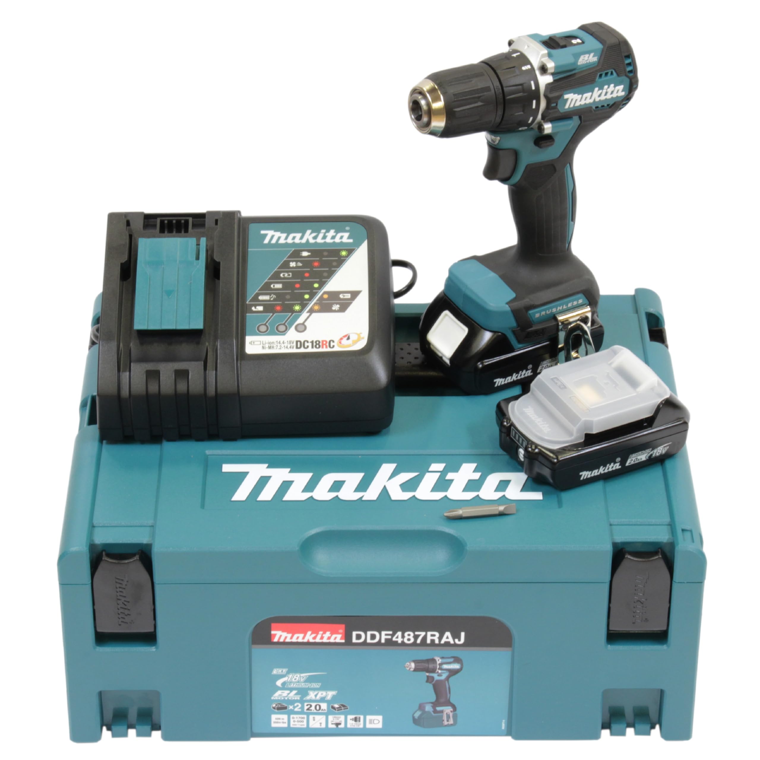 Makita DDF487RAJ - Trapano avvitatore a batteria, 18 V/2,0 Ah, 2 batterie + caricatore in MAKPAC