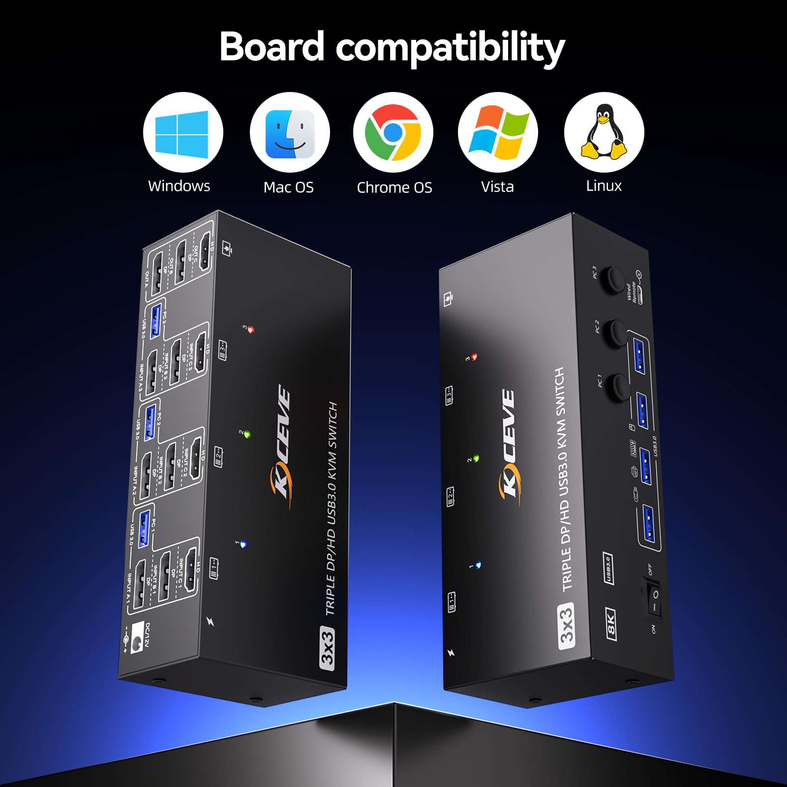 KVM Switch 3 PC 3 Monitore 8K@60Hz,MLEEDA HDMI Displayport KVM Switch Triple Monitor für 3 PC Teilen 3 Monitors und 4 USB3.0-Geräte, mit 12V DC Netzteil,Verdrahtet Fernbedienung und 3 USB-Kabel 8