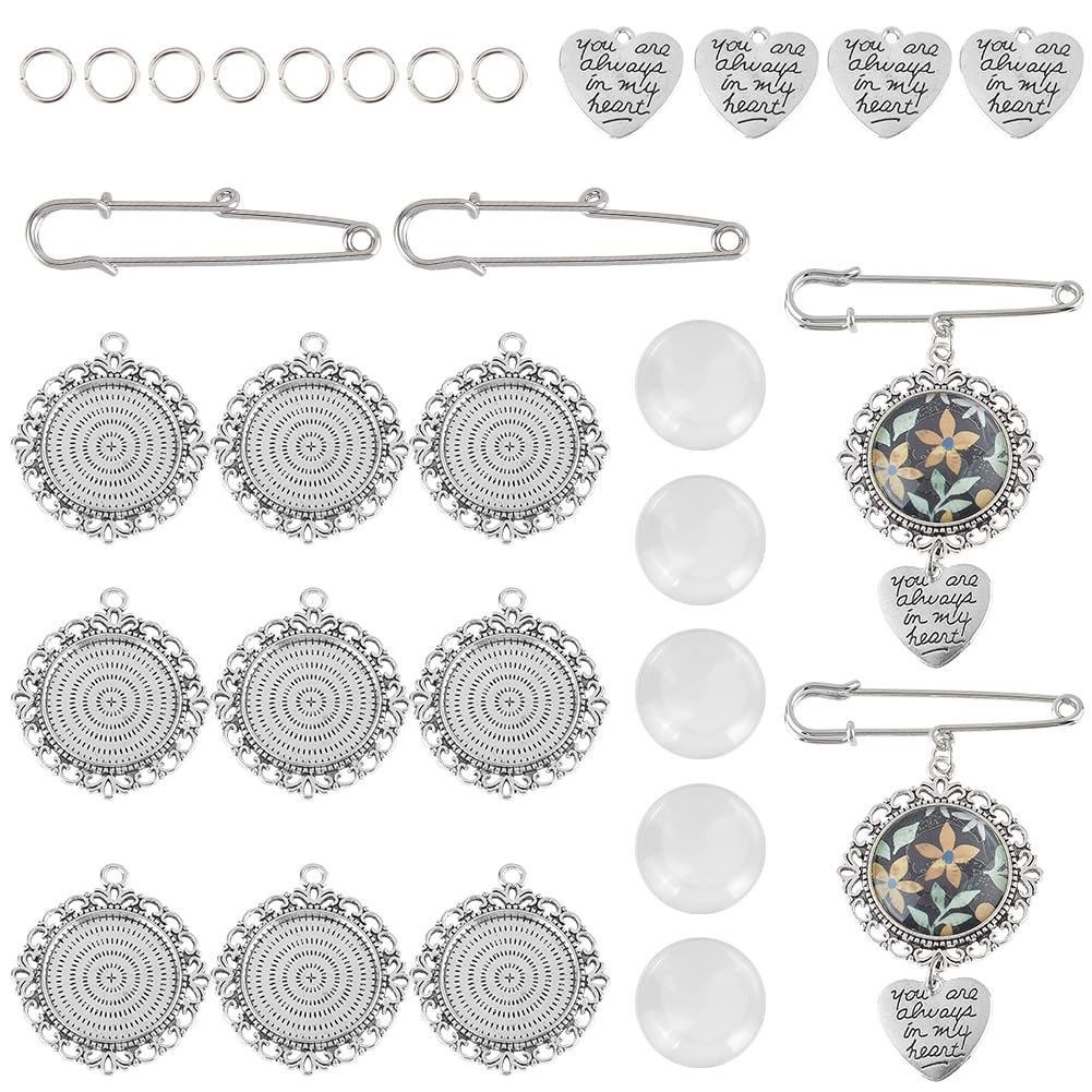 SUNNYCLUE 1 Box 10 Sets Silver Bouquet Photo Charms Wedding Memorial Charms Personalized Heart Bridal Glass Round Cabochon Brooch Pin Charms Kits for Bride Groom Wedding Party Gifts Flowers Decoration