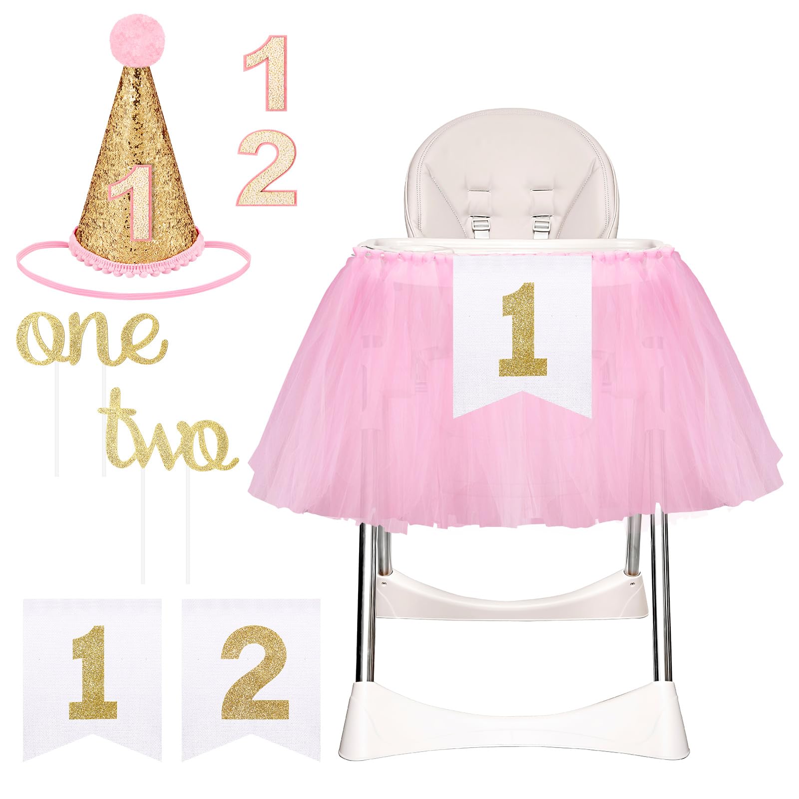 Photo 1 of DARCKLE 1st Birthday Girl Decoration High Chair Tutu Skirt WITH No.1 Crown -1st Birthday Decorations Cake Smash for Baby Girls - First Birthday Banner, Princess Crown and 'ONE' Cake Topper in Baby
