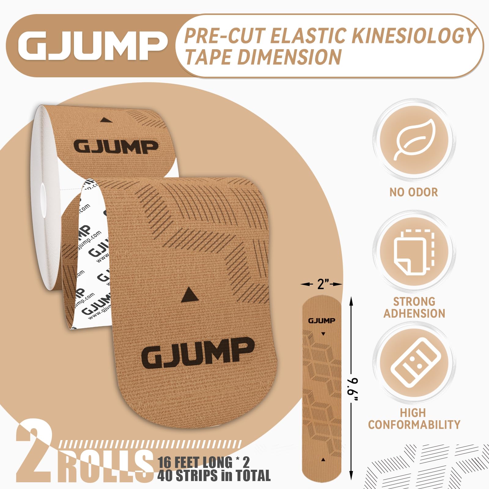 Kinesiology Tape, 40 Count Precut Strips 2 Rolls, Original Cotton Elastic Athletic Tape for Muscle Strain Relief & Joint Support, Waterproof & Breathable Sports Tape for Support and Recovery