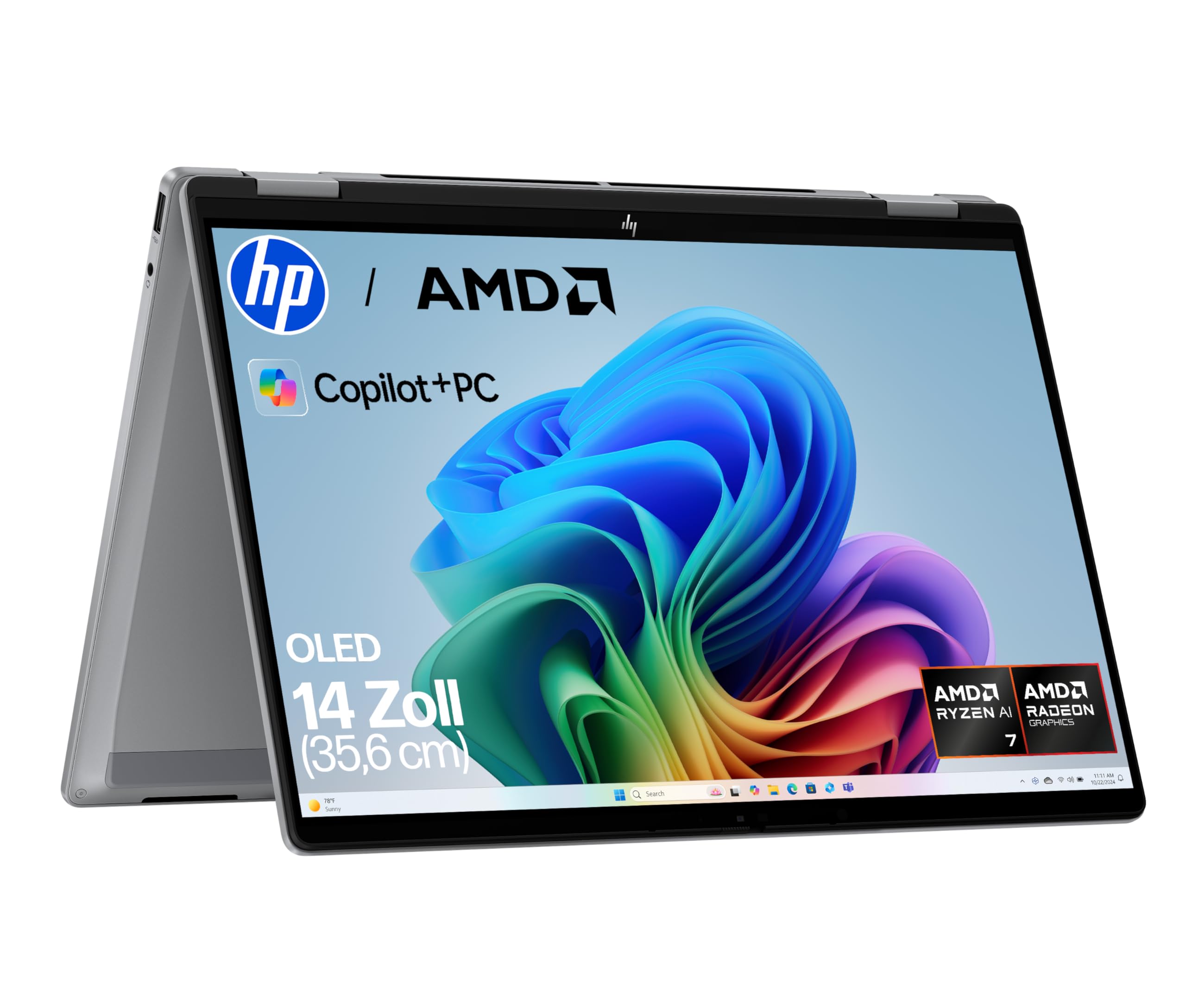HP OmniBook X Flip 2in1 Next Gen AI Laptop| AMD Ryzen AI 7 350 (8C) | dedizierte NPU für KI | 50 NPU Tops | Copilot+ PC | 14" 3K 2880x1800 OLED-Touchscreen | 16GB | 1TB SSD | Win11 | QWERTZ | Silber