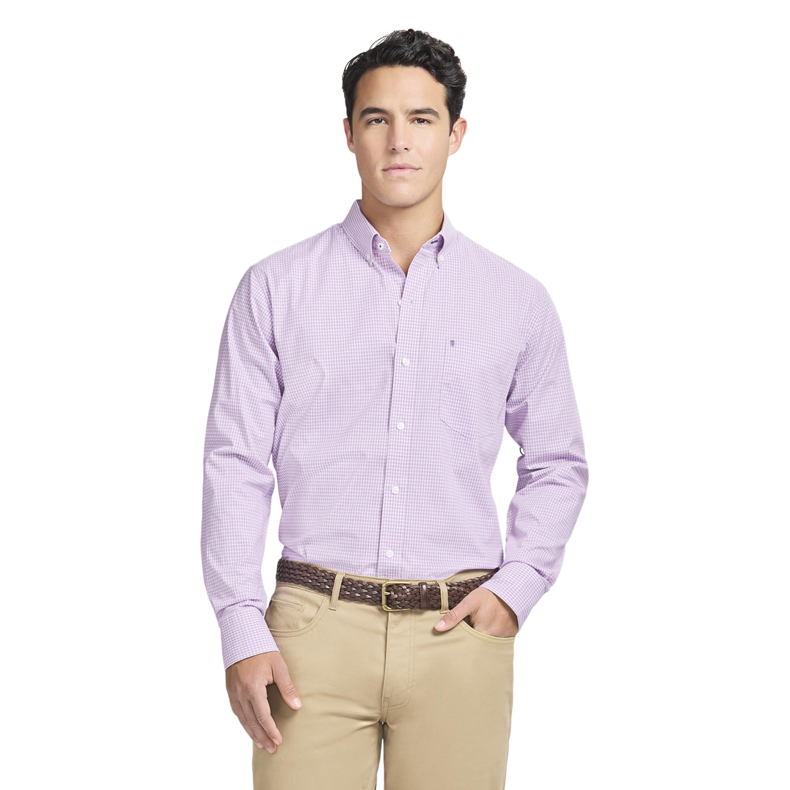 Izod Men’s Performance Comfort Long Sleeve Plaid Button Down, English Lavender Fine Check, Large
