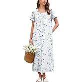 Ekouaer Cotton Nightgowns for Women Long Nightgown Short Sleeve Night Dress Button Sleepshirt with Pockets