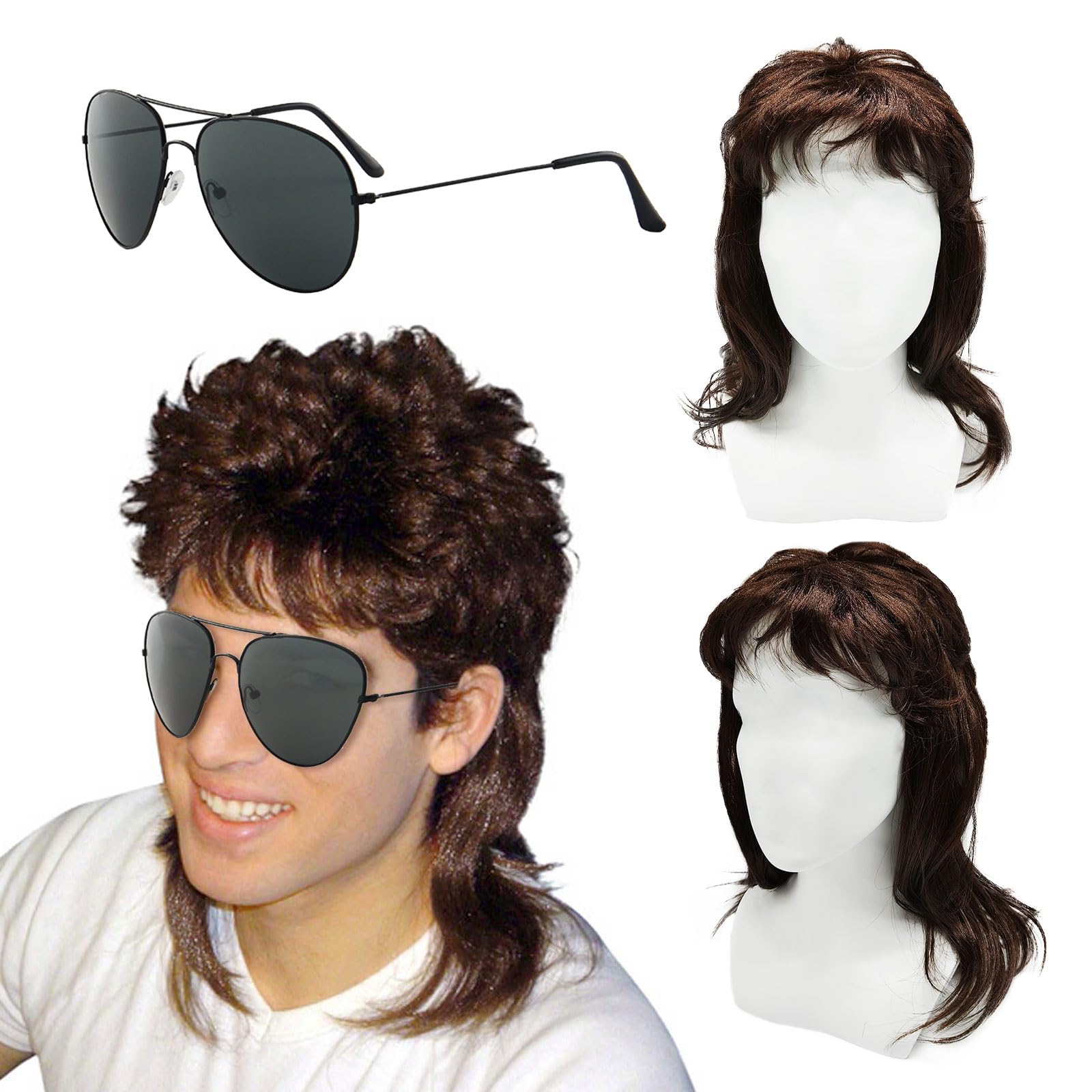 XNIVUIS Men's Wig Brown Curly, Mens mullet Wigs Blonde Curly, 70s 80s Cosplay Costume Wig, Mullet wig Brown Wigs, Long Men wigs for Hippie Rocking 80s Them Party Cosplay Costume(2 Pcs)
