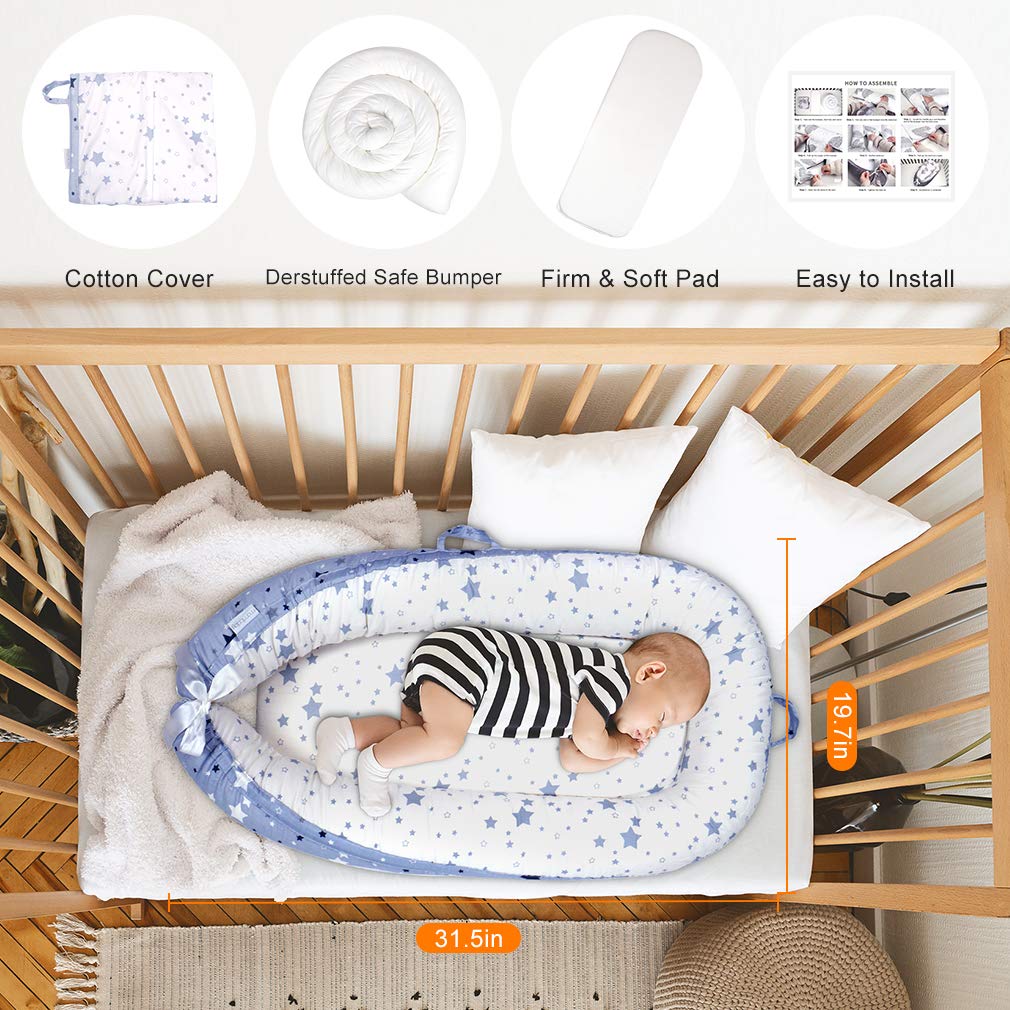 Mamibaby Baby Lounger Baby Nest Sleeper, Stars Breathable 100% Cotton & Soft, Portable Adjustable for Crib Bassinet Mattress - Perfect for Newborn Essential Shower Gift, Co-Sleeping&Travelling: Baby