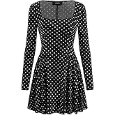 CIDER Womens Polka Dot Dress Long Sleeve Square Neck Drop Waist A Line Casual Party Club Mini Dress