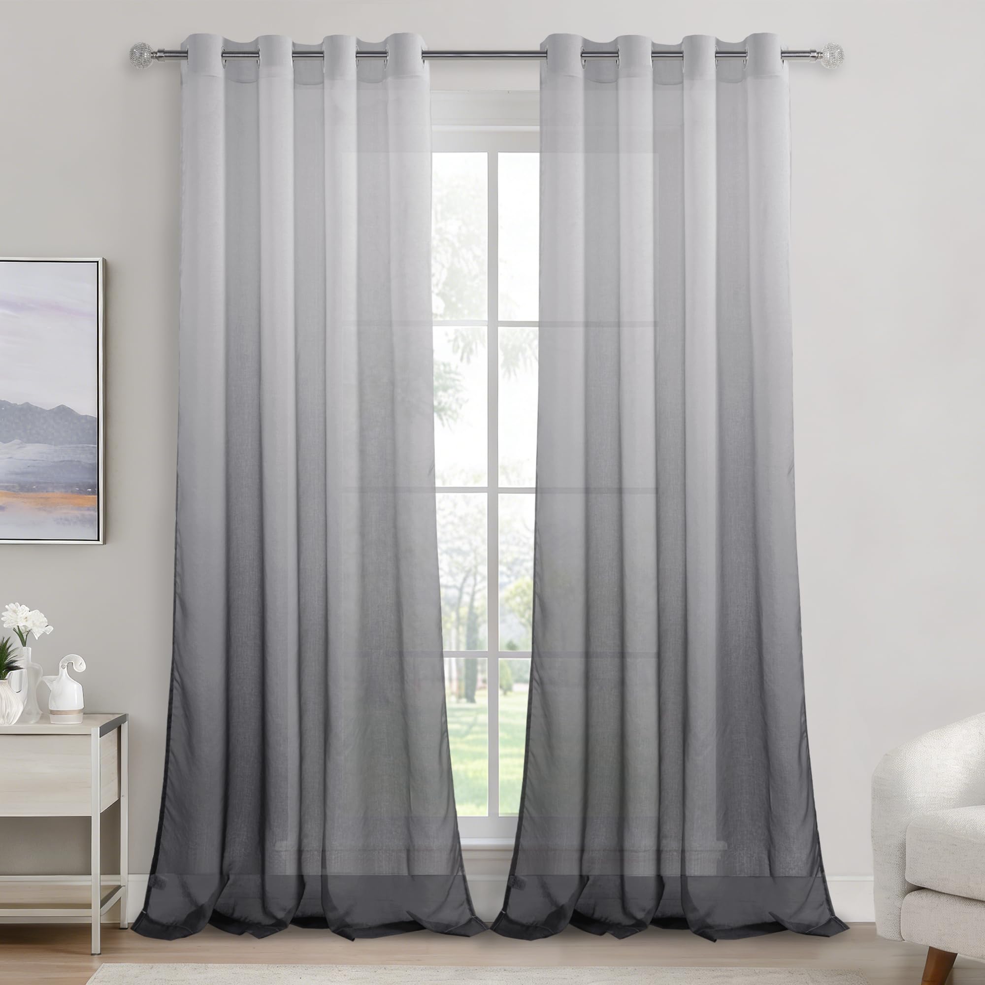 DWCN Voile Curtain Grey Gradient Curtains for Living Room Eyelet Net Curtains for Windows Sheer Curtains for Bedroom Set of 2,55 x 96 Inches