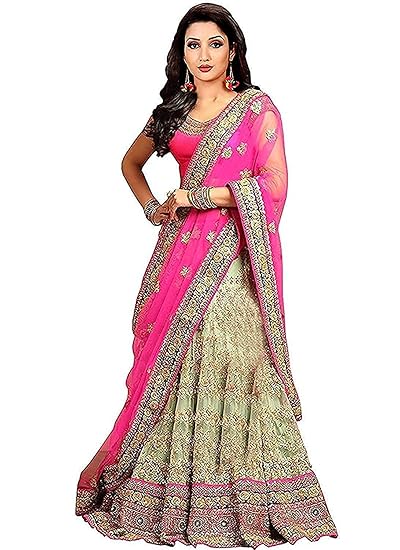 Womens Net and Silk Embroidered Lehenga Choli (Pink, Free Size)