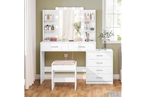 FIONESO Vanity Desk Set with Mirror & Power Outlet, 6 Drawers, 6 Open Shelves, 10 Light Bulbs, 3 Light Color, 48” Storage Makeup Vanity Dressing Table with Stool Bench for Women, Girls, White