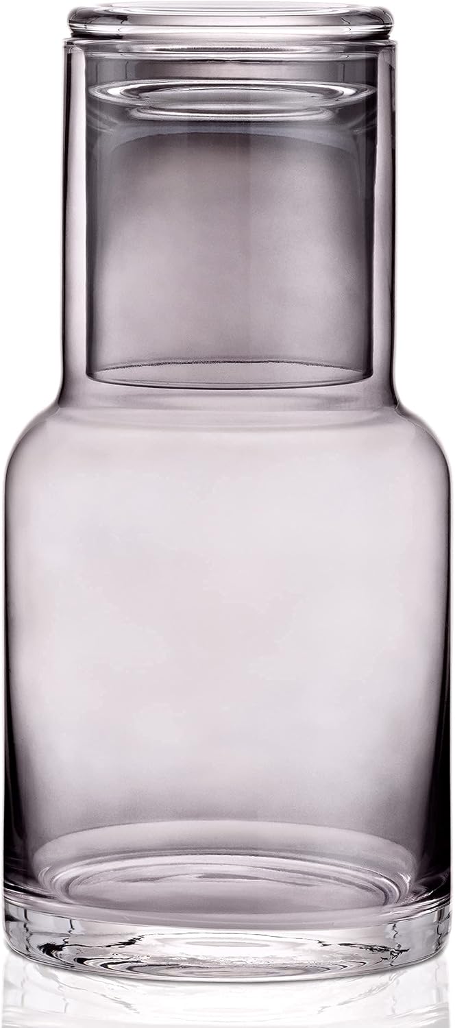 Bedside Water Carafe in GREY glass for nightstand decor and glass water dispenser or a mouthwash decanter Glass drink dispenser with cup lid keeps water clean and fresh