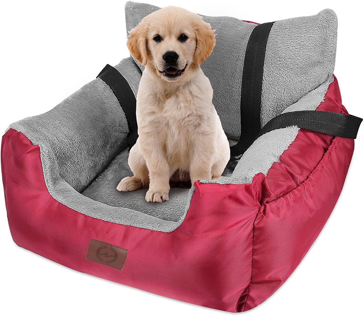 GoFirst Dog Car Seats for Small Dogs or Cats, Pet Booster Seat Travel Bed with Storage Pocket and Clip-On Safety Leash, Waterproof Warm Plush Dog Car Safety Seats,Red
