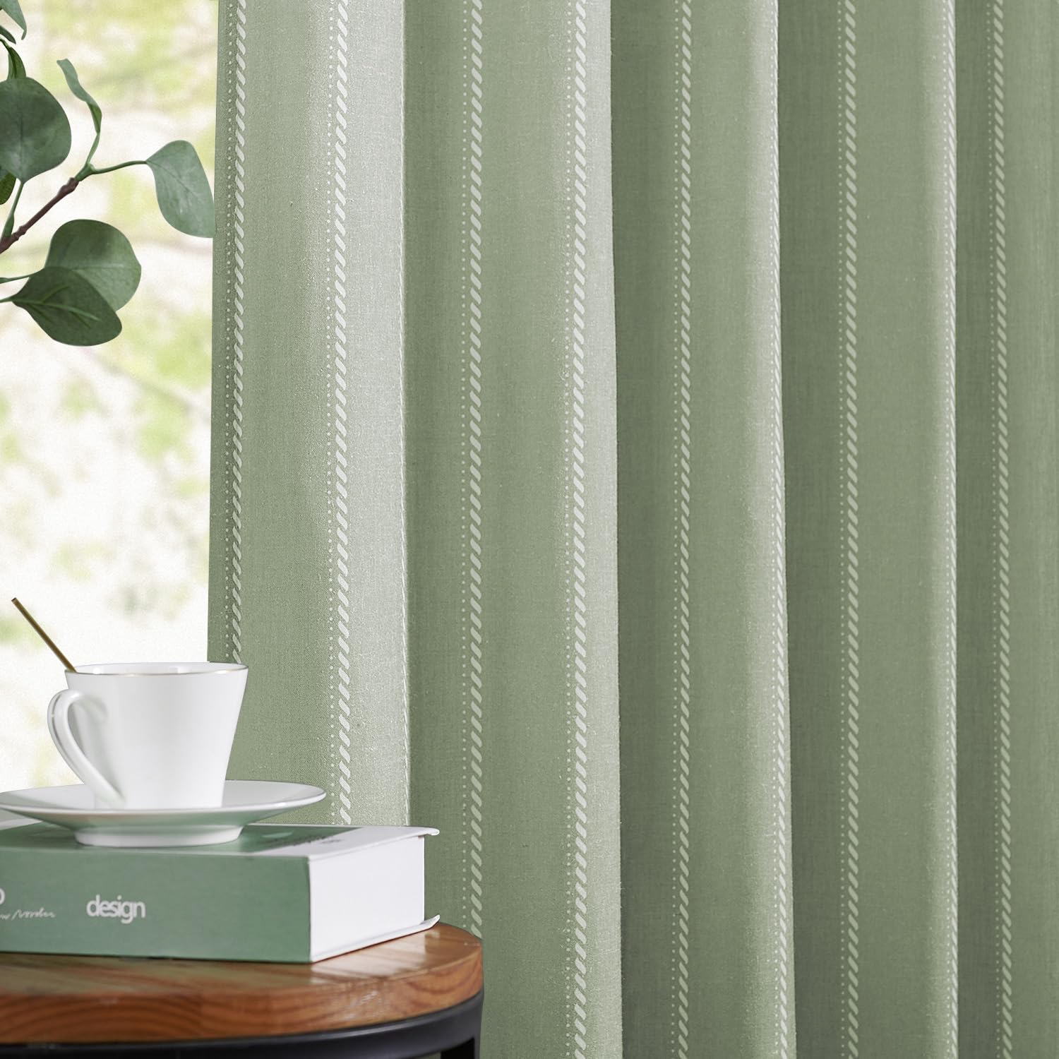Photo 1 of JINCAHN Linen Blend Curtains 84 Inches Long Sage Green Striped Curtains for Living Room Country Light Filtering Curtains Semi Sheer Sage Green Curtains for Bedroom 2 Panel Sets