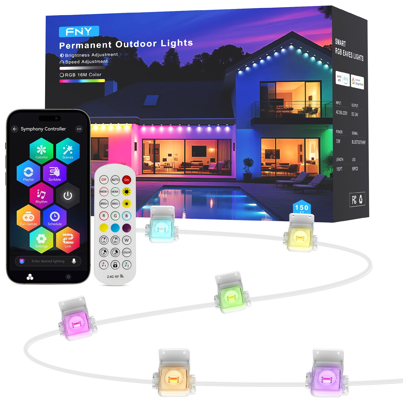 Photo 1 of FNY Permanent Outdoor Lights 150ft Smart RGB with 90 LED, IP67 Waterproof for Outdoor Decor, App/Remote Control Eaves Lights Compatible with Alexa, Google Assistant, DIY Scene Modes for Christmas