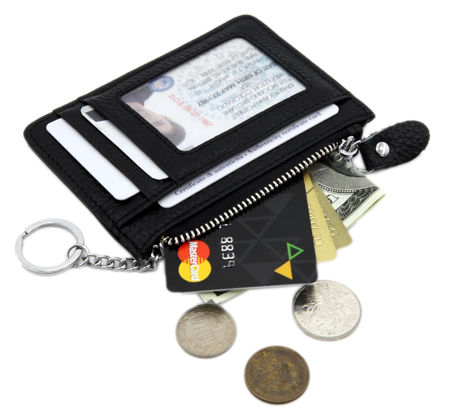 Wallet Credit Card Holder RFID Blocking Genuine Leather with Key Ring