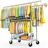 100% Stainless Steel Heavy Duty Clothes Rack Load 960LBS, Three Rods Clothing Racks for Hanging Clothes Extendable, Rolling Garment Rack With Sturdy Wheels Shelves Hooks, Portable Closet Wardrobe Rack