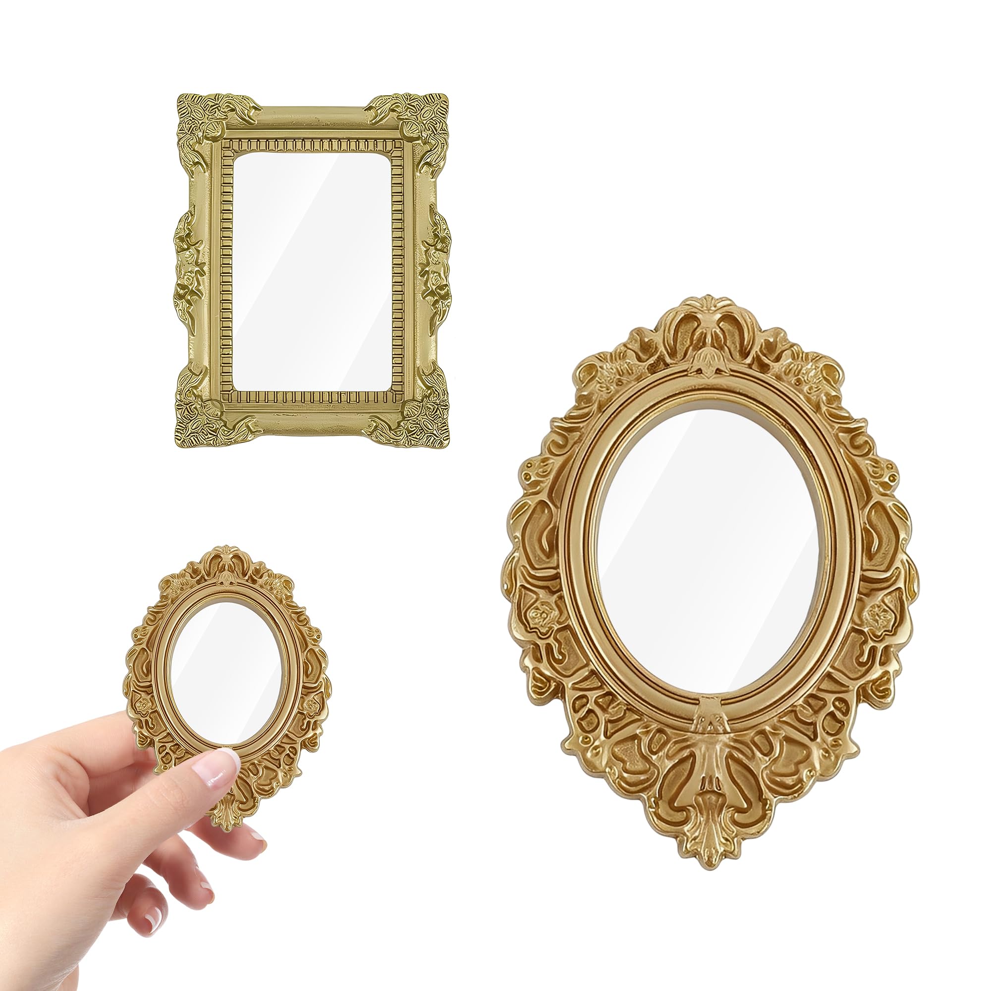 2PCS Miniature Dollhouse Mirror, Gold Carved Classical Design for Doll House Furniture Accessories, Compatible with Wooden Dolls House Furniture, Mini Scene Decoration Vintage Style