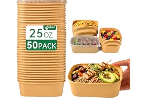 Disposable Soup Bowls w/Lids 750ml, 50Sets Square Paper Salad Bowls to Go, 25OZ Non-Spill Meal Prep Food Container Box for Re
