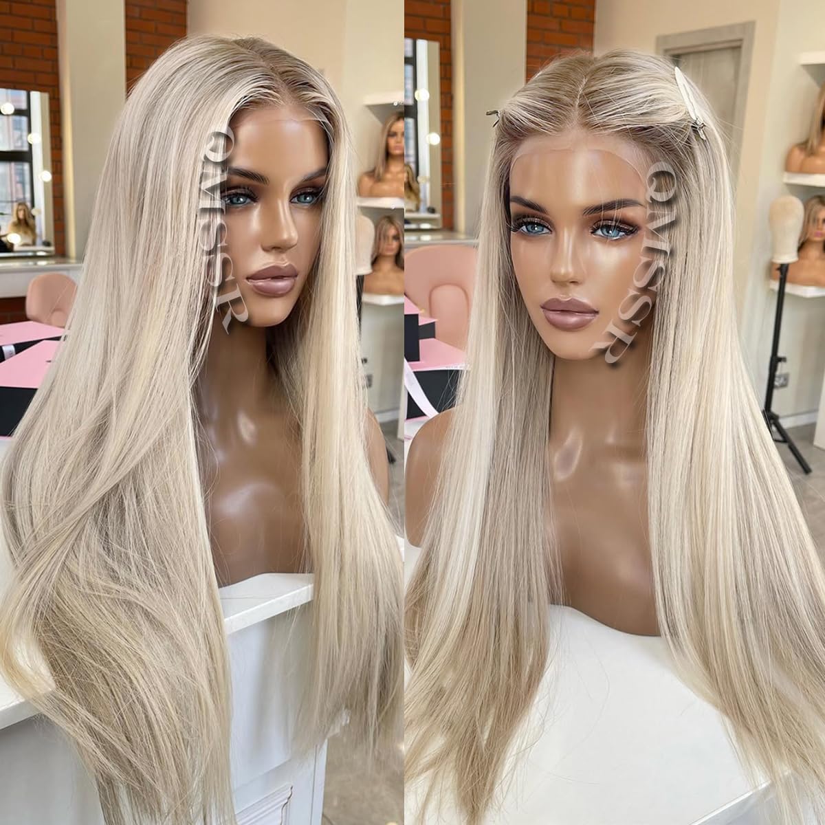 Photo 1 of QMSSR Ash Blonde Synthetic Lace Front Wigs Long Straight Heat Resistant Fiber Hair Ombre Platinum Blonde Lace Front Wigs for Fashion Women