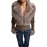 WDIRARA Women's Faux Fur Lapel Zip Up Jacket Long Sleeve Rib Knit Outerwear