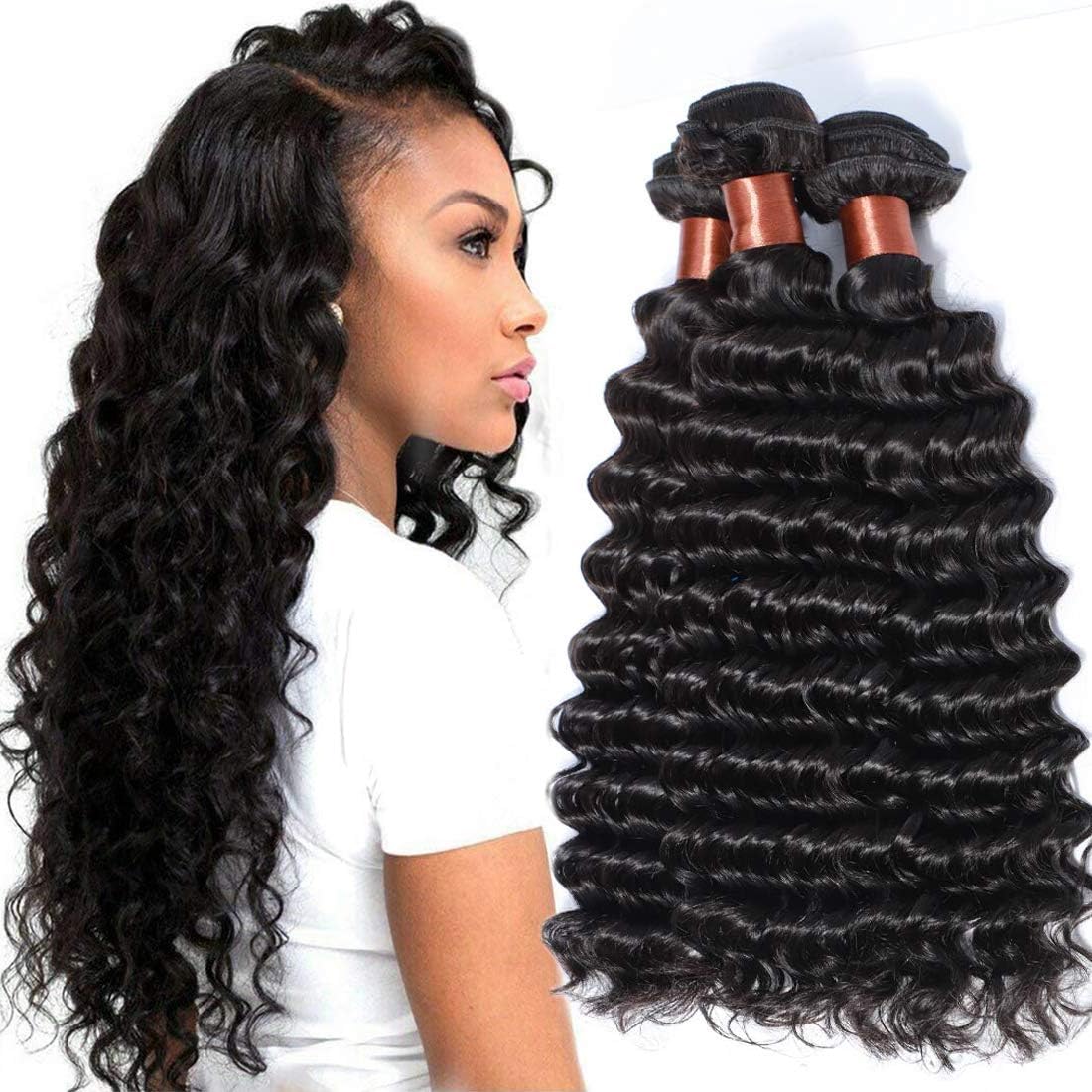 Brazilian Virgin Hair Deep Wave Bundles 3 Bundles Unprocessed Virgin Human Hair Extension Deep Curly Hair Weave Natural Color(20 22 24 Inch)