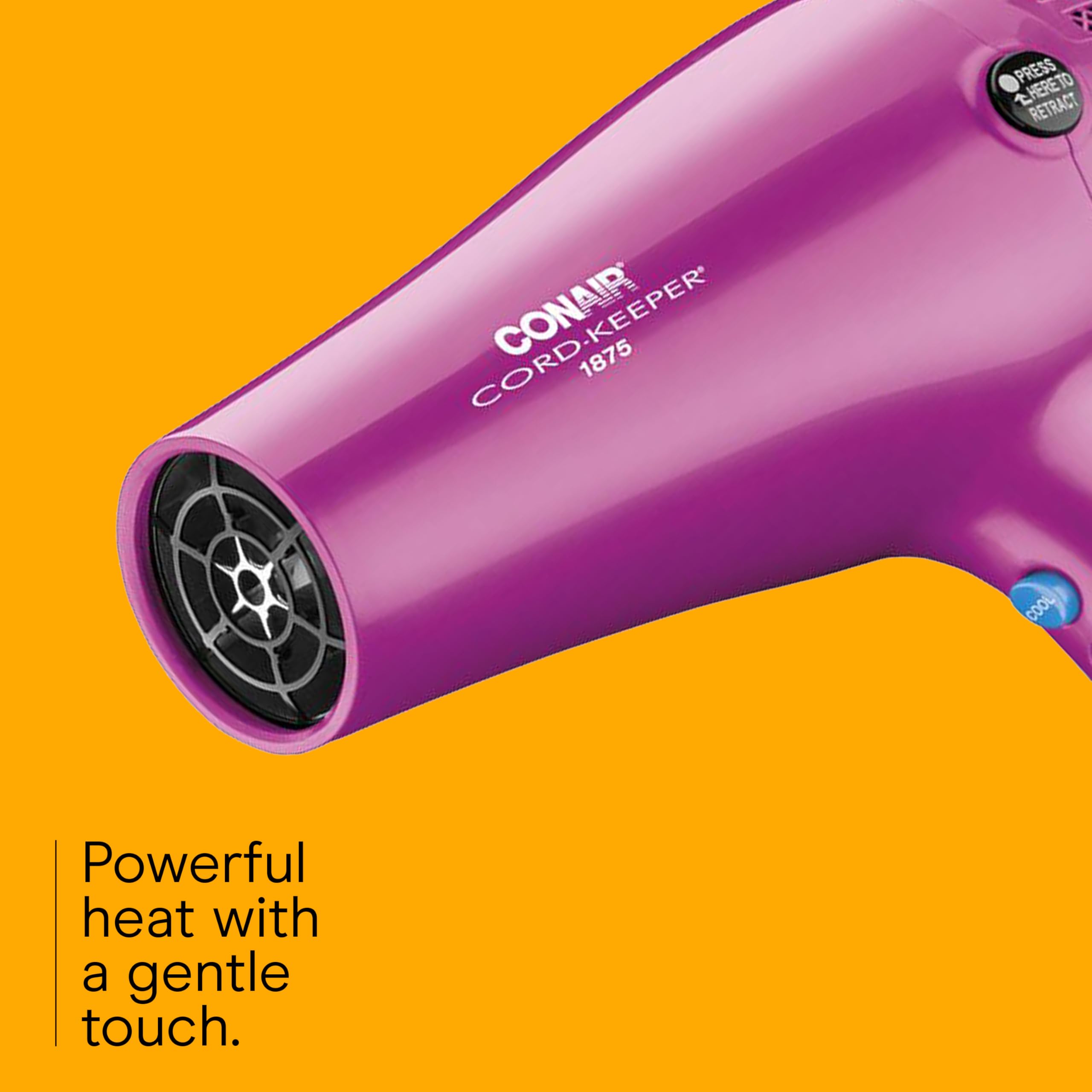 CONAIR Hair Dryer with Retractable Cord, 1875W Blow Dryer, 3 Heat Settings, 2 Speeds, Blow Dryer with Diffuser and Concentrator Attachments, Ionic + Tourmaline Technology, Pink