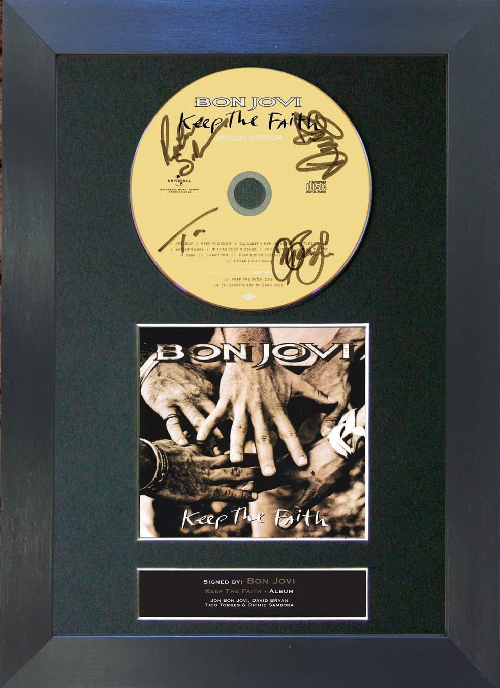 BON JOVI keep the faith Signed Autograph Mounted Cd Album Cover Record Reproduction PRINT A4 Rare Perfect Birthday (297 x 210mm) #43 (Black Frame)
