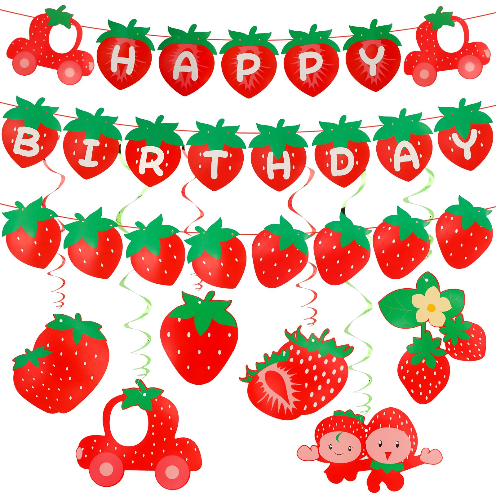 Photo 1 of **2 pack***Hapdoo 10pcs Strawberry Birthday Decorations Set - Strawberry Birthday Banner, Fruit Shape Hanging Swirl, Party Hanging Decor for Fruit Theme Party Favors