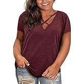 Haloumoning Plus Size Tops for Women Summer Short Sleeve Oversized T-Shirt Casual Sexy V Neck Loose Cotton Tee Shirts