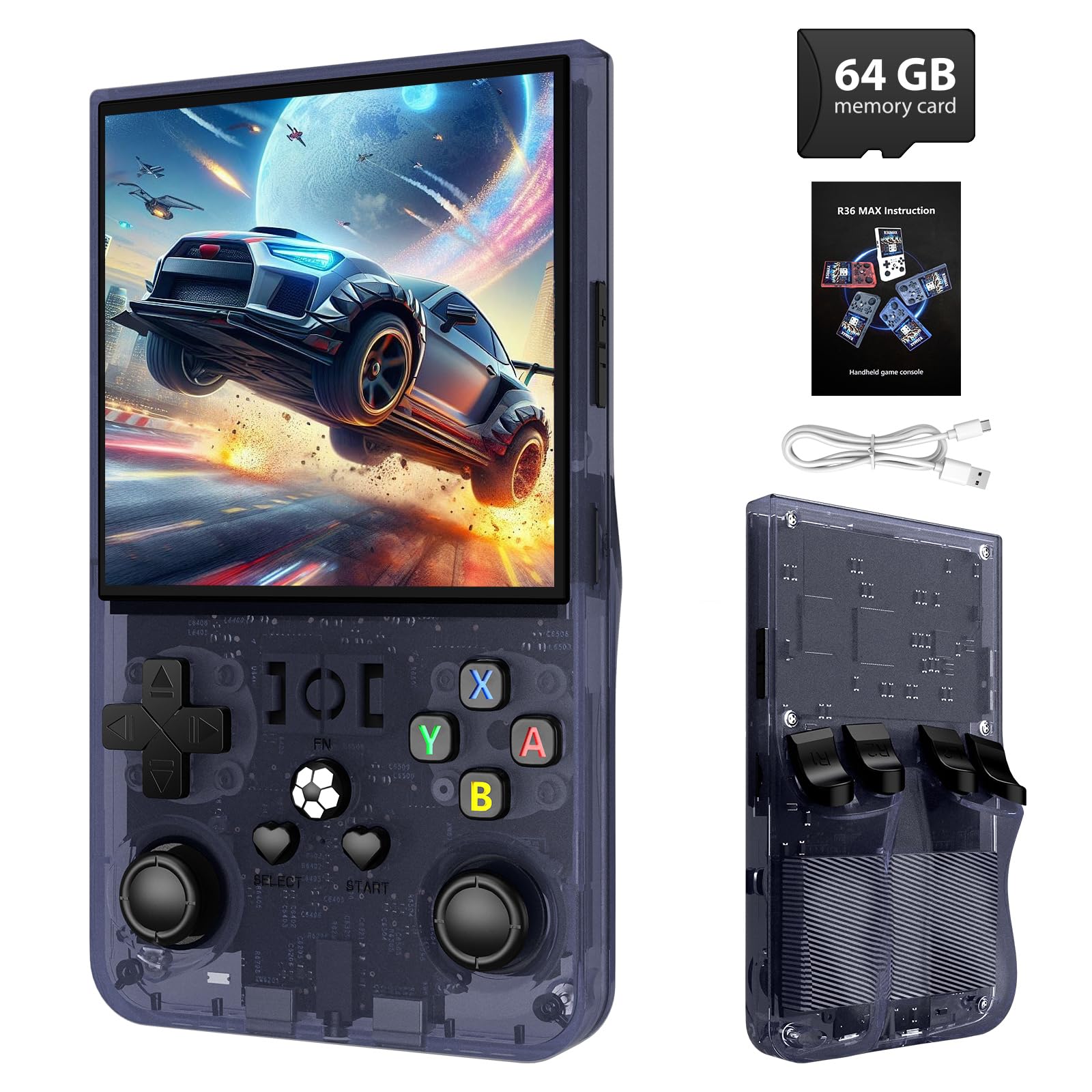 Photo 1 of R36MAX Retro Handheld Game Console - 64GB Preloaded Classic Video Games, Support 30+ Simulators, Linux-Powered Portable Game Emulator Console with 4.0-in HD IPS Screen (Transparent Gray)