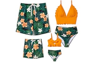 PATPAT Family Matching Solid Scallop Trim Strappy Two-Piece Swimsuit and Allover Floral Print Swim Trunks Shorts
