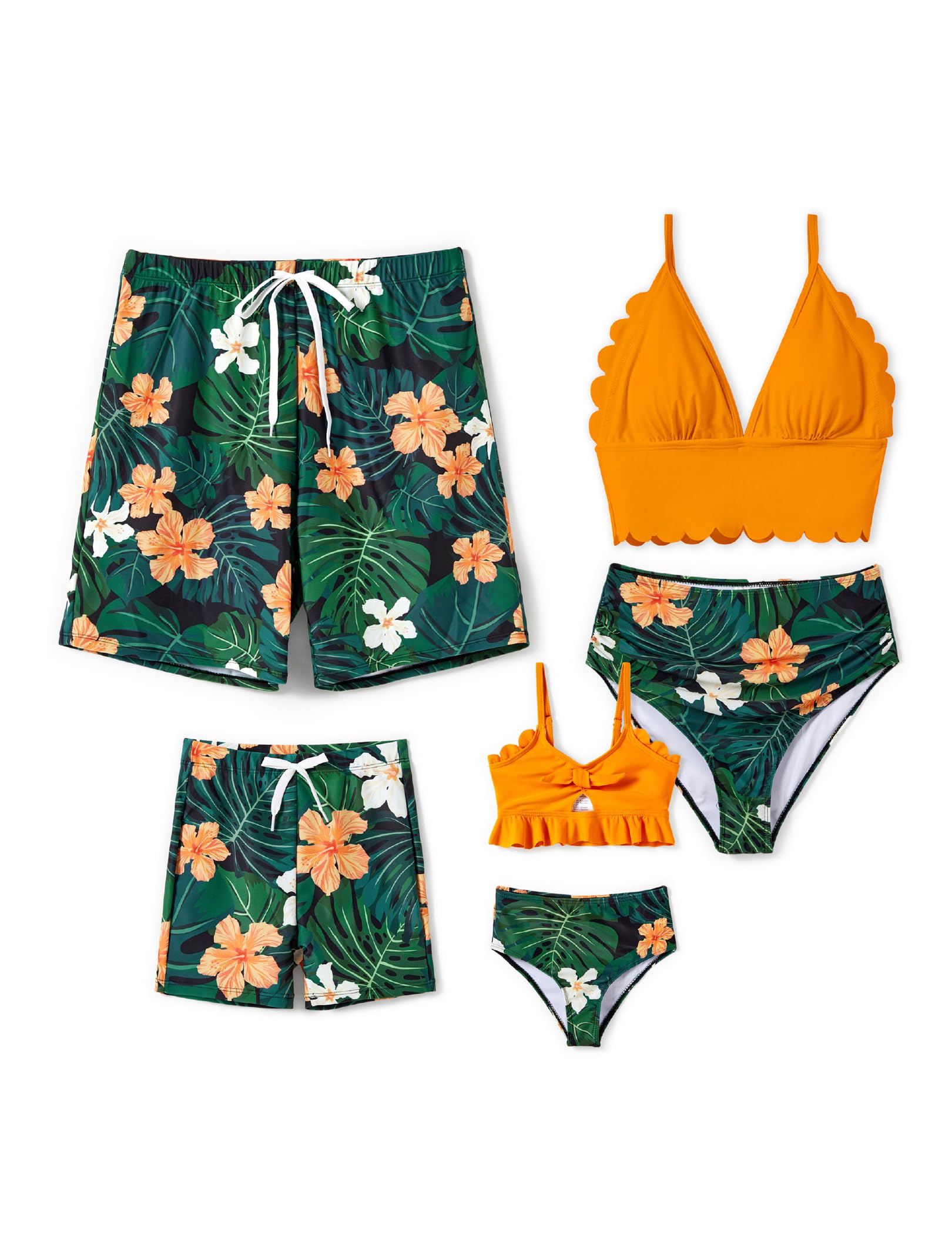 Photo 1 of PATPAT Matching Family Swimsuits His and Hers Couple Bathing Suits Orange Solid Color Bikini Top and Floral Print Two Piece Swimwear for Women S