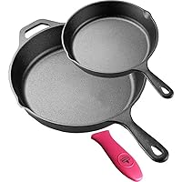 La Cuisine Matte Enameled Cast Iron Skillet Frying Pan 2-PC Chef Set (8” and 12”) – A Thermal Resistant Silicone holders…