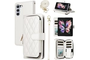 Furiet Wallet Case for Samsung Galaxy Z Fold 5 5G 2023 with Wrist Strap, Crossbody Shoulder Strap, 9+ Card Slots Zipper Purse, Luxury PU Leather Stand Cell Phone Cover for ZFold5 Z5 G Fold5 5Z White