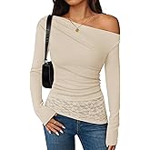 ZESICA Women's Long Sleeve Off Shoulder Tops Fall 2026 Casual Boat Neck Lace Slim Fit Going Out Y2k Shirts Blouses