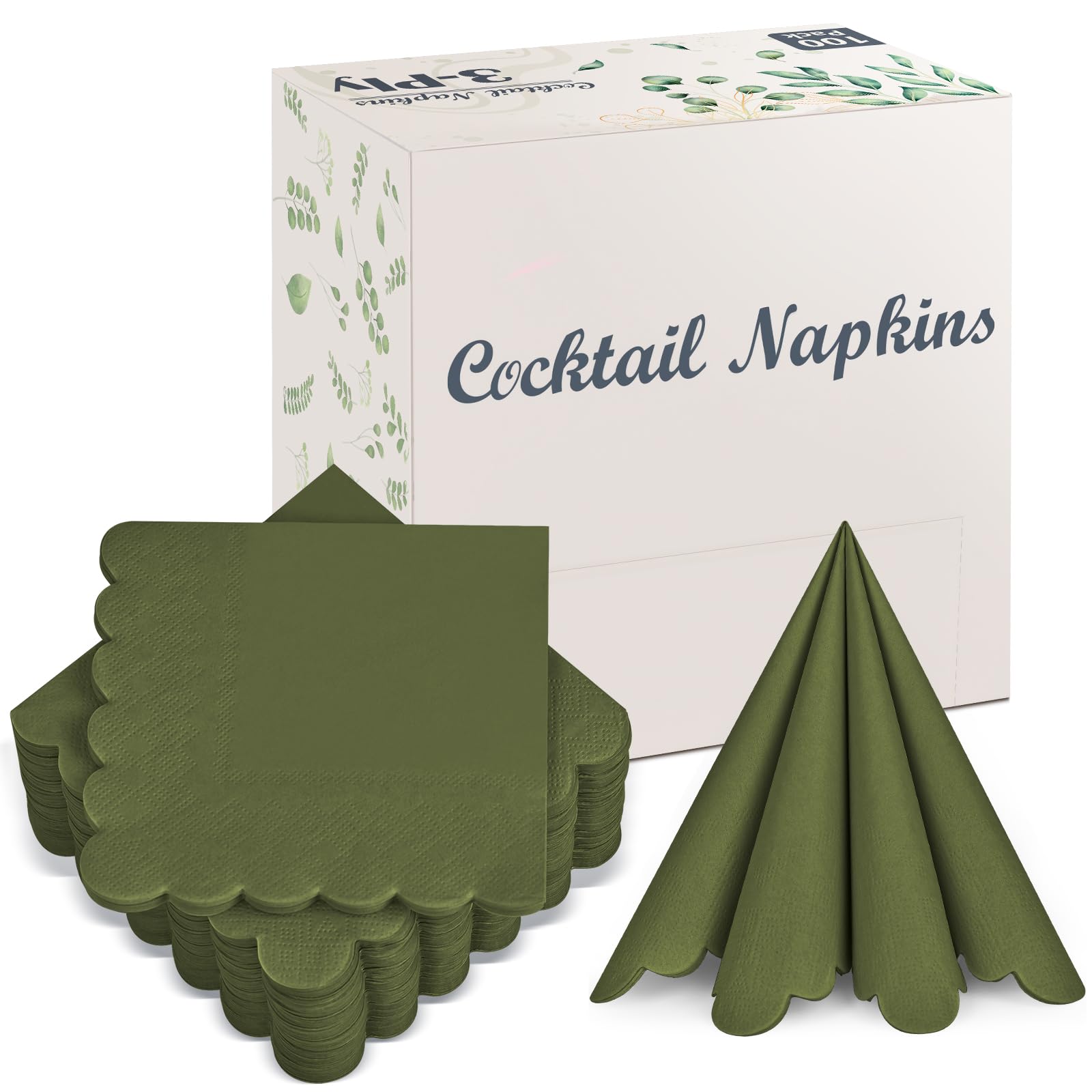 Photo 1 of 100 Pack Cocktail Napkins, 3-Ply Scalloped Edged Wedding Napkins Folded 5 x 5 Inches Dessert Napkins, Disposable Napkins for Dinner Birthday Party Bridal Anniversary Baby Shower Reception (Green)