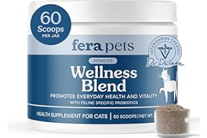 Fera Pets Wellness Blend - Cat Health Supplement with Feline-Specific Probiotics, Taurine and Lysine - Promotes Healthy Joints, Immunity, Heart & Bladder -Powder - 60 Scoops