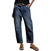Flamingals Straight Leg Jeans for Women Mid Rise Barrel Cropped Casual Wash Stitch Detail Denim Jeans Without Belt