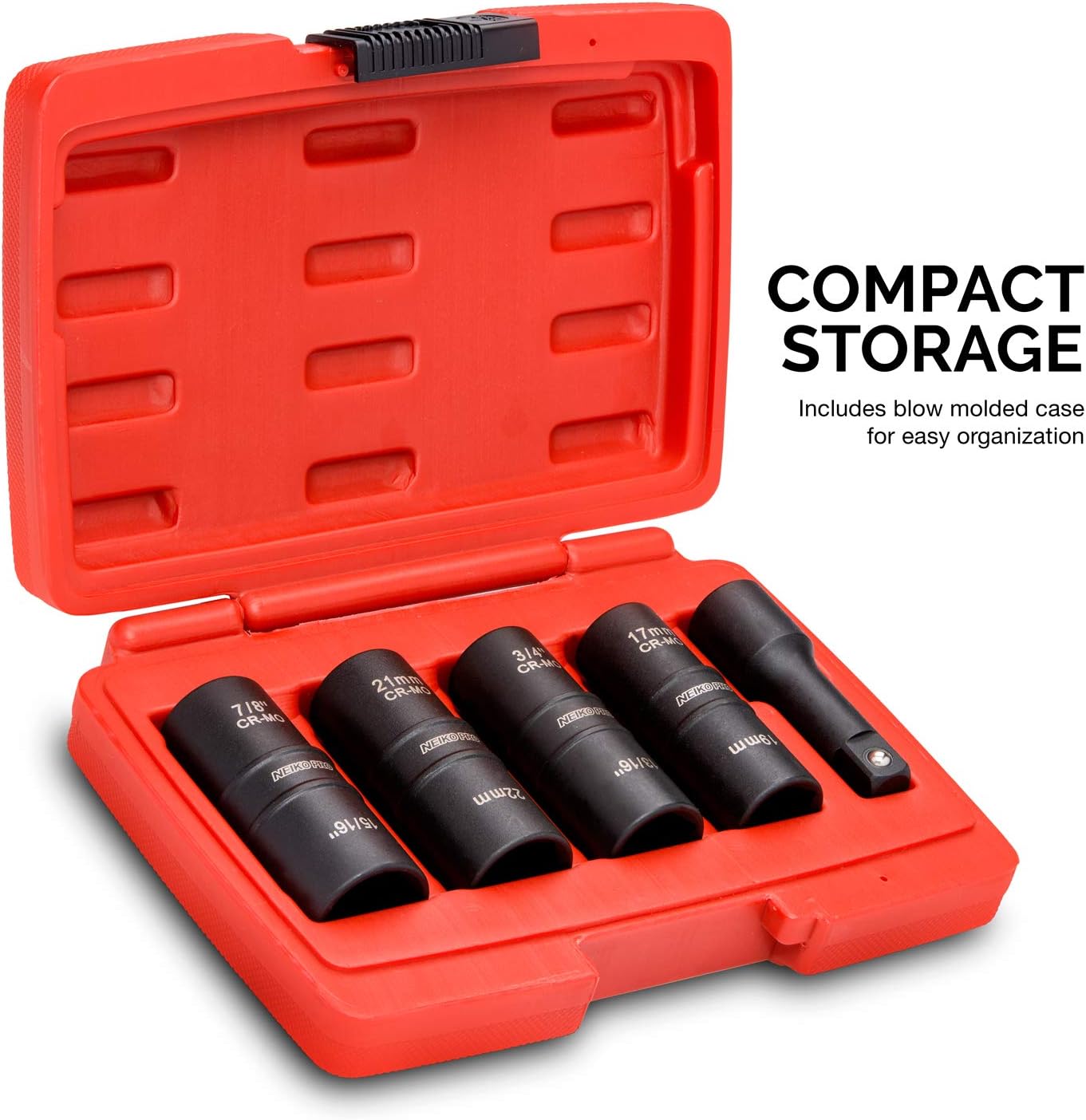 Neiko 02282B 1/2" Drive Impact Flip Socket Set, 5 Piece Thin Wall Set | Standard SAE and Metric Sizes - Includes 3-Inch Extension Bar | Chrome Moly Steel - - 