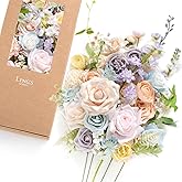 Ling's moment Fake Flowers Box, Faux Artificial Greenery Stems Foam Roses Gardenia Silk Ranunculus Fabic Flower for Centerpieces Bouquet Wedding Vase Decorations, Powder Blue & Peach, Deluxe Combo