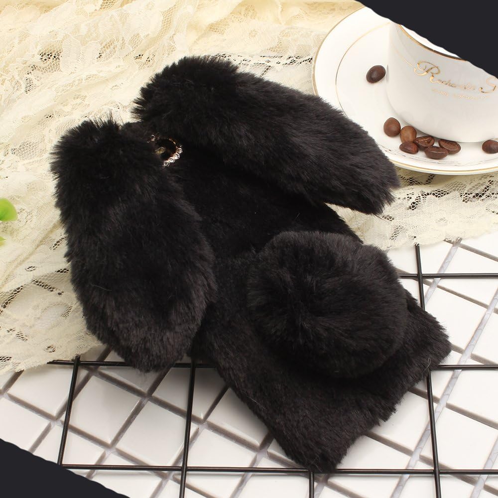 Huawei Y6II Soft Villi Case, Very Light Slim Fluffy Rabbit Manual Wool Ear Tail Style Warmer Winter Hand Cover, WEIFA 2018 Newest Super Luxury CellPhone Case For Huawei Y6II/Honor 5A Black