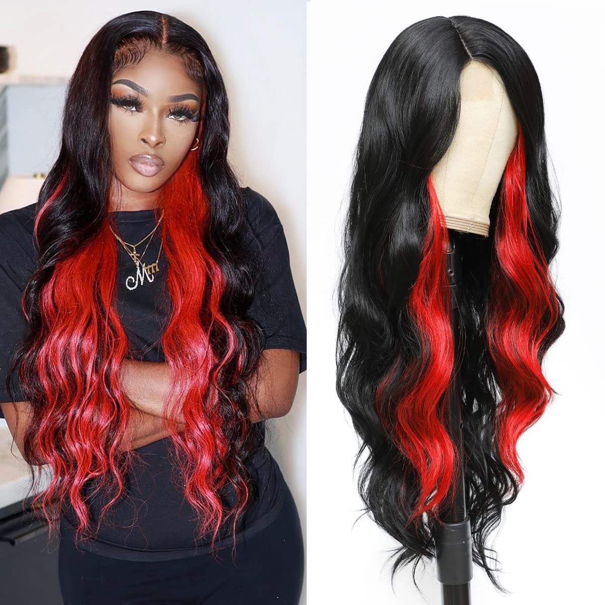 Photo 1 of xccoco Long Wavy Wigs for Women Black Highlighted Wig Body Wave Synthetic Lace Wig 30inch Black Wig with Red Highlights Wig