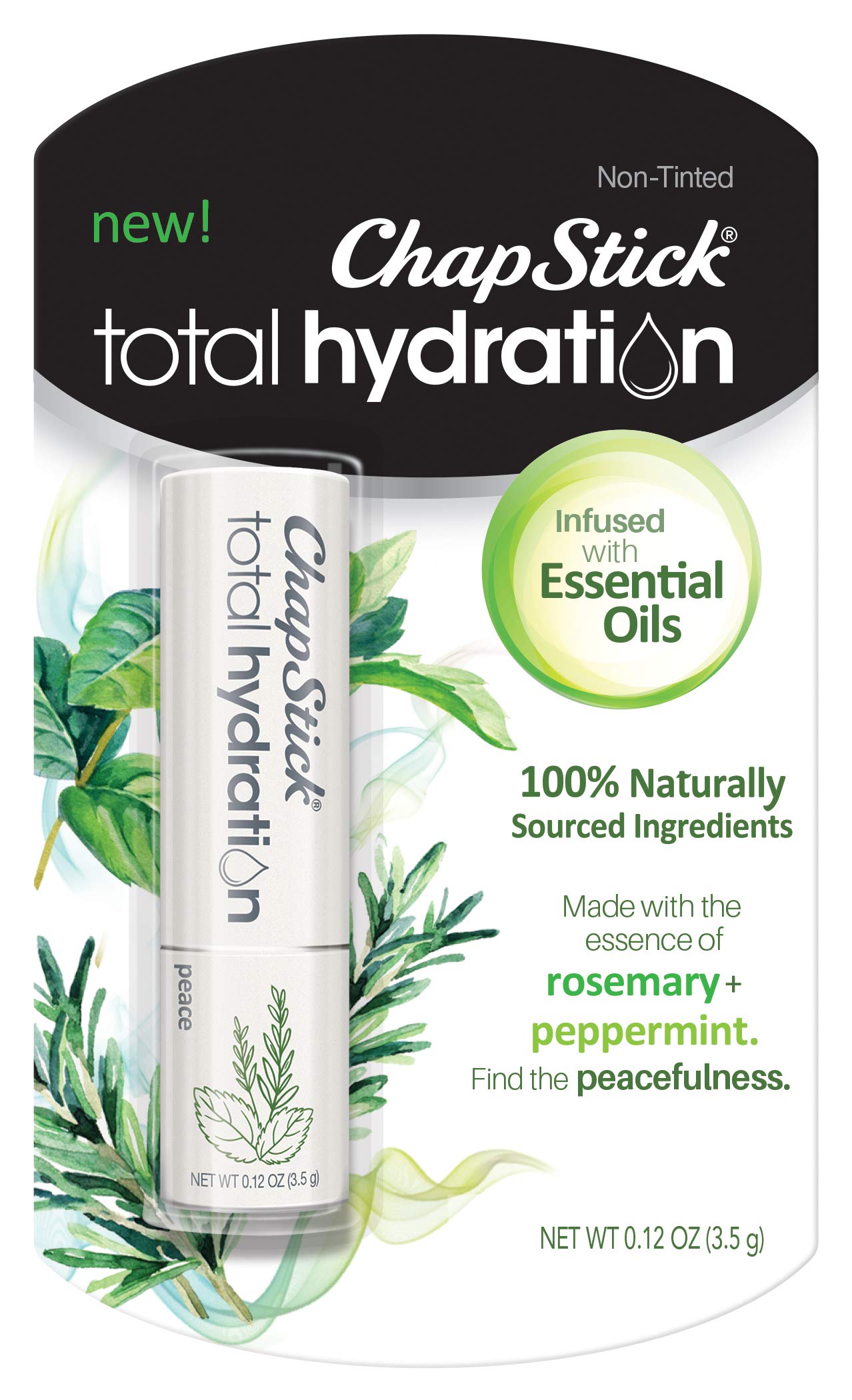 ChapStick Total Hydration Essential Oils Peace Lip Balm, Rosemary + Peppermint Lip Balm Tube, Lip Care - 0.12 Oz
