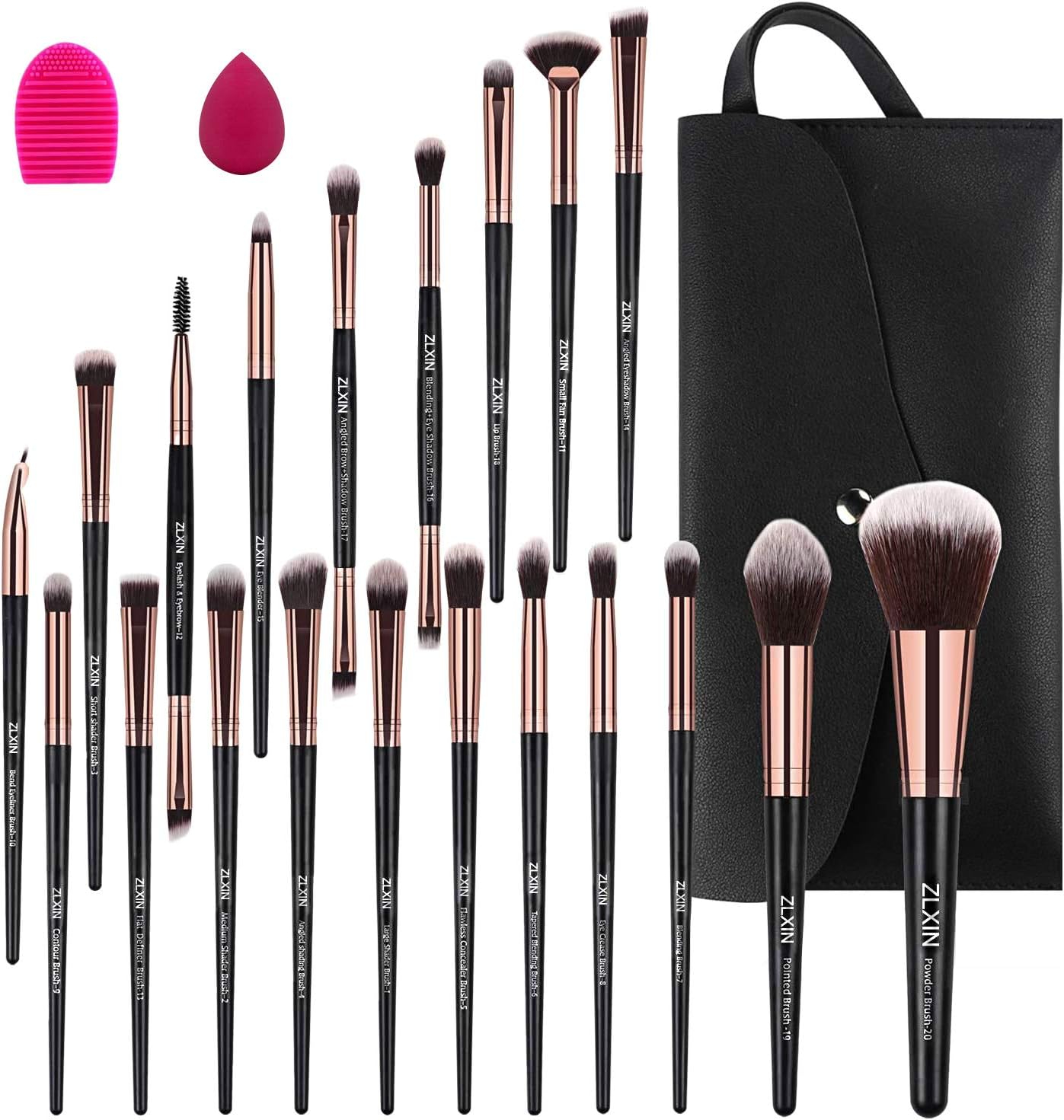 ZLXIN Makeup Brushes Set 23 Pcs Premium Synthetic Kabuki Foundation Face Powder Blush Concealers Eye Shadows Make Up Brushes Kit with Storage Bag Blender Sponge and Brush Cleaner (Black)