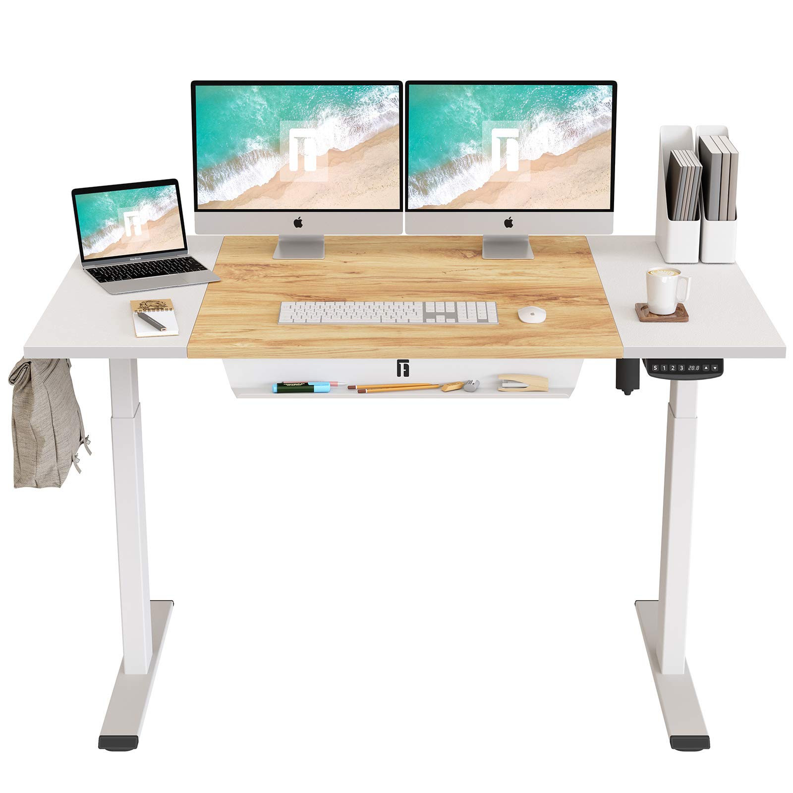 FEZIBO Height Adjustable Electric Standing Desk with Pencil Tray, 55 x 24 Inch Stand Up Table, Sit Stand Desk with Splice Board White Frame/White and Light Rustic Top