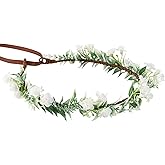 KorViSHOW Handmade White Flower Crown Hair Wreath Bridal Headband Flower Green leaf Headpiece Hair Accessories for Weeding Birthday Party Cosplay Photo Prop