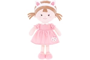 Onetoo First Baby Doll Cuddle Buddy Doll Soft Baby Doll Baby Dolls Plush Rag Doll Wear Kitty Costume PinkDress 14"（Milly Series）