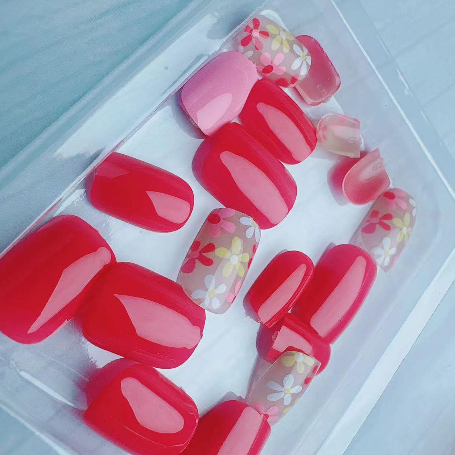 Flower Press on Nails Square Short Cute Fake Nails with Floral Design Glue on Nails Glossy Small Flowers False Nails Press ons Spring Stick on Nails Acrylic Artificial Nails for Women and Girls 24PCS - Image 3